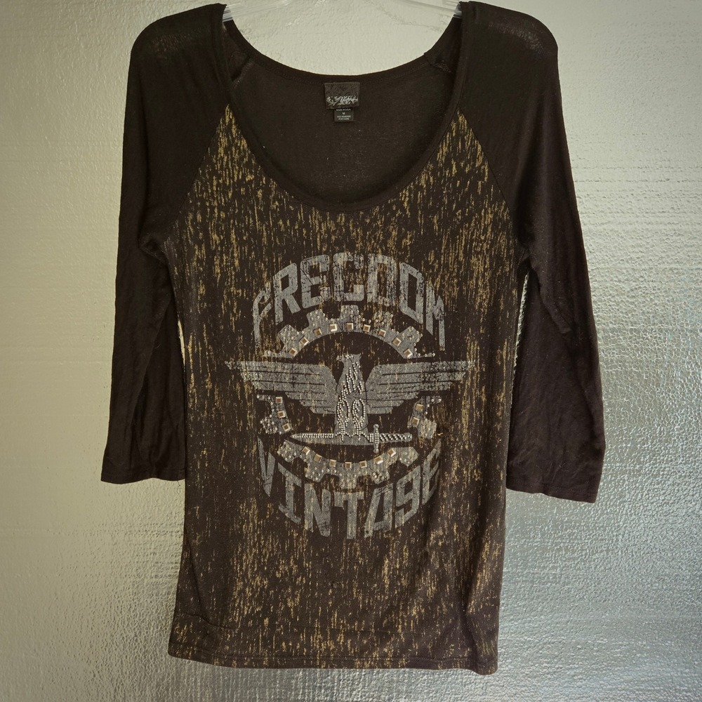 Daytrip Graphic Raglan Women M Brown Freedom Vintage Eagle Studded 3/4 Sleeve